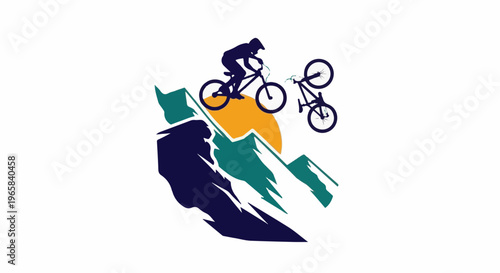 Silhouetted mountain bikers perform stunts against a bright orange sun