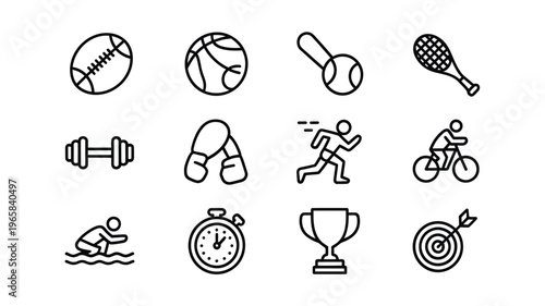 A collection of minimalist black line icons representing various popular sports and athletic activities