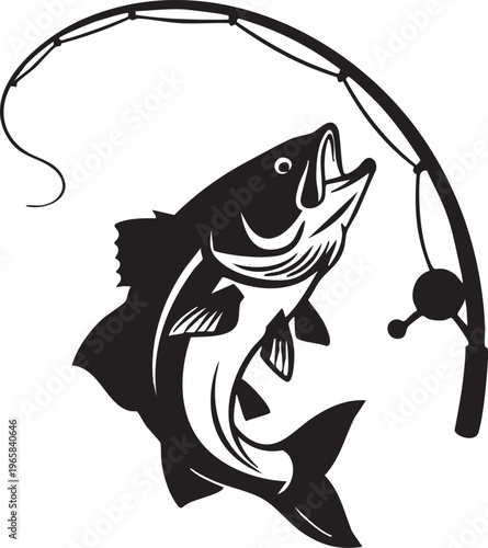 Black and white illustration of a fish jumping out of water caught on a fishing rod