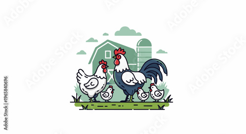 Cartoon barnyard scene with a proud rooster, hen, and three chicks on green grass
