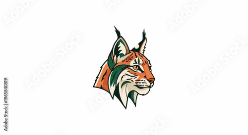 Stylized bobcat head, facing right, in orange, green, white, and black