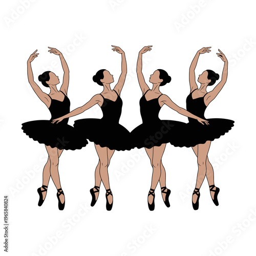 Ballet dancers in black tutus performing a synchronized dance routine