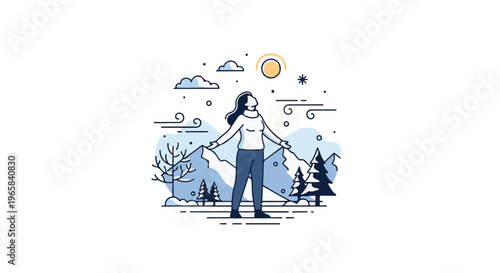 Person embracing winter landscape with mountains, trees, and snow