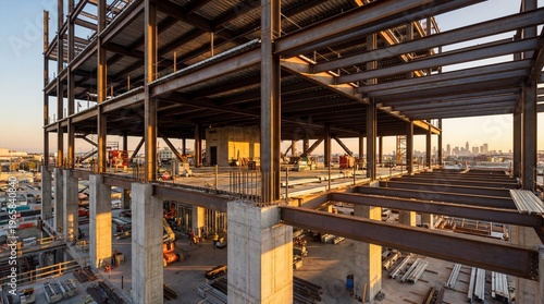 Steel-frame building under construction with concrete columns and grid beams. Urban skyline in background at sunset highlights modern architecture and structural engineering