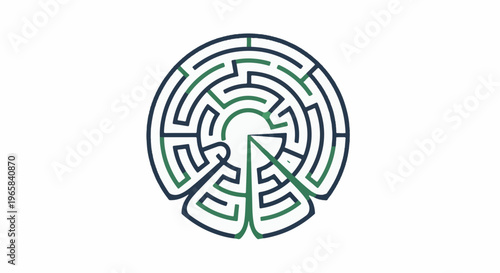 Circular maze with dark blue and green paths on a white background
