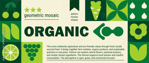 Agriculture background with abstract geometric fruit mosaic and leaf shapes.