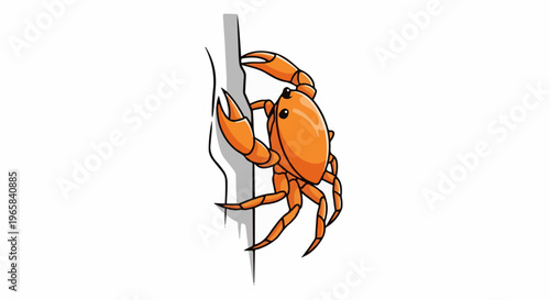 Orange cartoon crab climbing a grey object