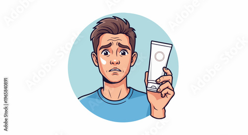 Concerned man holding a tube of skin cream, with a shiny patch on his face