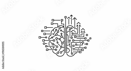 Stylized digital brain with circuit board elements and upward arrows
