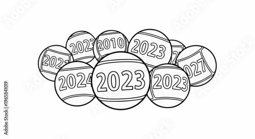 Cluster of balloons featuring numbers and years, depicting time passing