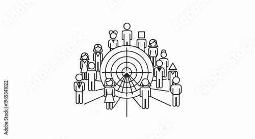 Diverse group of stylized figures surrounding a target symbol, indicating audience