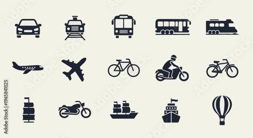 Collection of diverse transportation icons car, train, bus, airplane, bike, motorcycle, ship, hot air balloon