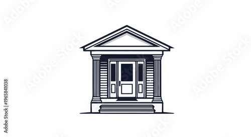 Stylized drawing of a classical building entrance with columns and a pitched roof