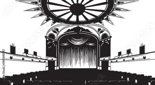Black and white silhouette of a theater stage with curtains and seats