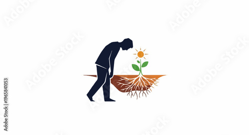 Silhouette of tired person observing a wilting flower with prominent roots
