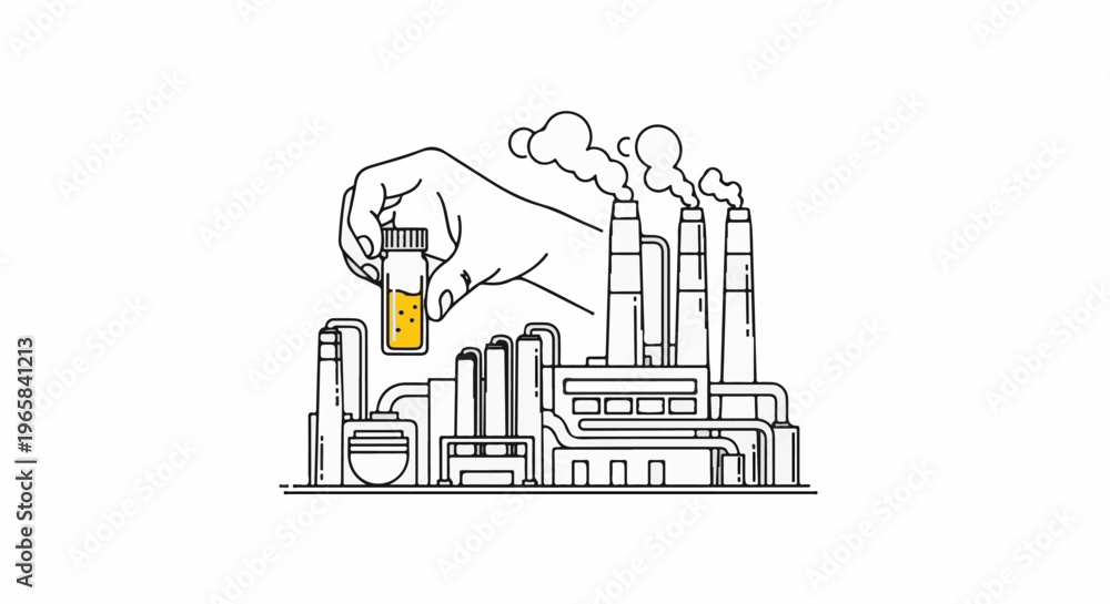 Naklejka premium Hand holding a vial with yellow liquid near smoking factory chimneys