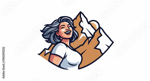 Joyful woman with windswept hair against a mountain backdrop with sun