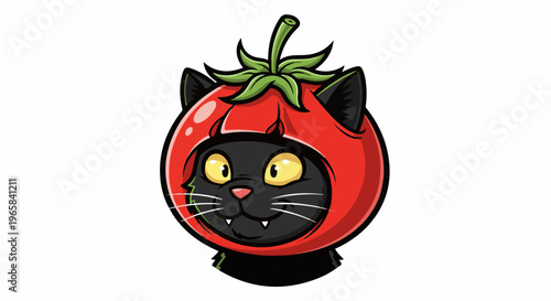 Cute black cat wearing a vibrant red tomato costume with a green stem and leaves