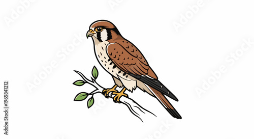 Illustrated brown bird with black markings perched on a branch