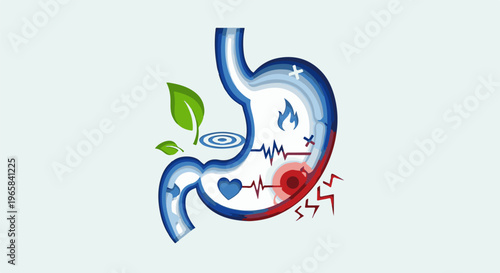 Stylized digestive tract with health and pain indicators