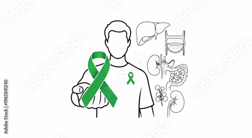 Person holding awareness ribbon, with anatomical drawings of organs