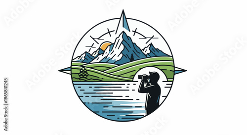 Person with binoculars overlooks scenic mountains, lake, and hills within compass