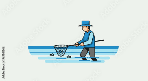 Person in hat fishes with net in shallow blue water