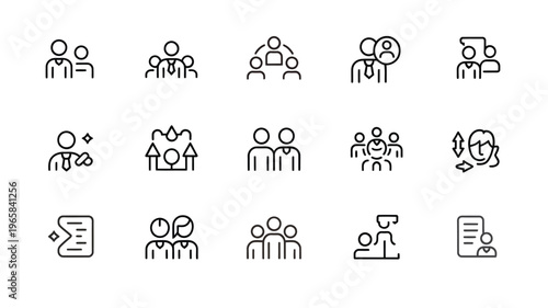 A collection of thin line icons representing diverse groups of people collaboration and workplace scenarios