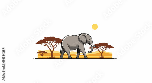 Stylized elephant walks through a savanna with acacia trees and sun