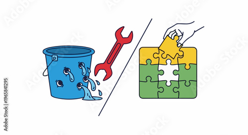 Leaky bucket with wrench and hand assembling puzzle