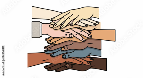 Diverse hands stacked in unity, showing collaboration and togetherness