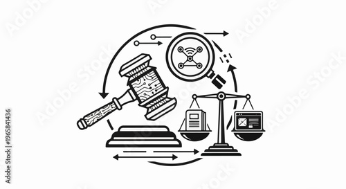 Digital law concept gavel, drone, scales of justice, circuit board