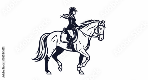 Equestrian rider in helmet on galloping horse, line art