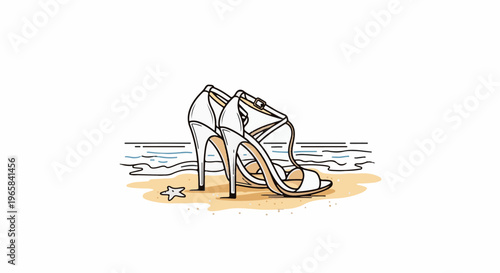 Elegant white high heels rest on a sandy beach beside the ocean