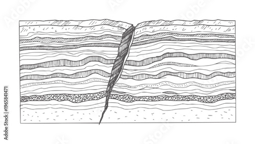 Geological cross section showing rock strata and fault line geology