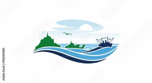 Stylized seascape with a green island, naval ship, fishing vessel, and sun