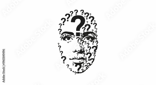 Face composed of numerous question marks, abstract, intellectual, curiosity