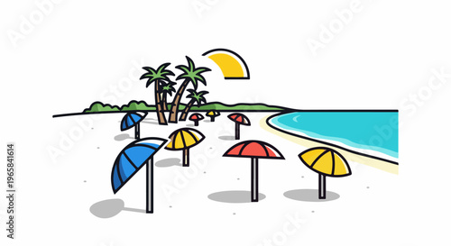 Sunny beach with palm trees and colorful umbrellas by turquoise ocean