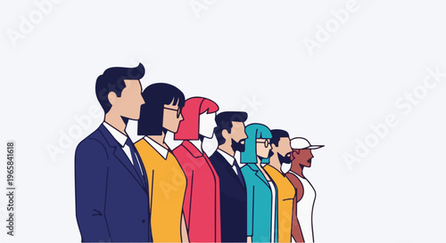 Diverse group of stylized people stand in a line, facing right