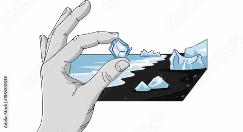 Hand holding ice cube over a black sand beach with icebergs
