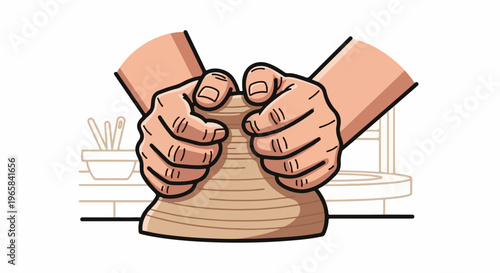 Hands shaping clay on a potter's wheel, crafting pottery