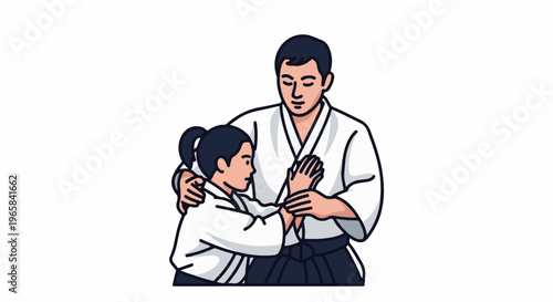 Instructor guides student in martial arts training, demonstrating a technique