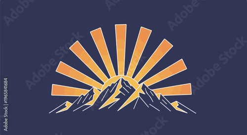 Sunrise over jagged mountain peaks, graphic design on dark blue