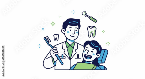 Dentist and patient smiling with dental tools and teeth graphic