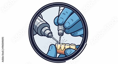 Hands wearing gloves use drills on dental prosthetics inside a circle
