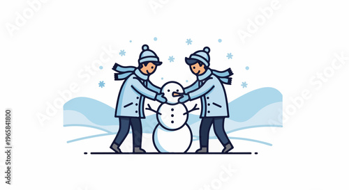 Two children build a snowman together in a snowy landscape