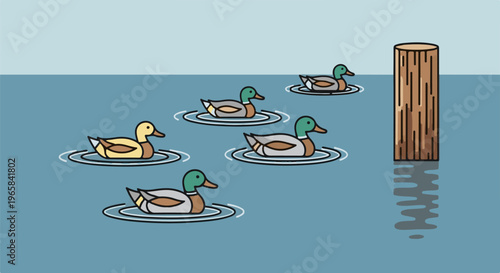 Ducks swimming in a calm blue lake beside a wooden post