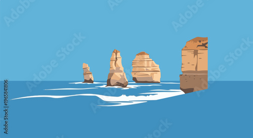 Coastal rock formations rise from the ocean with white waves crashing around them