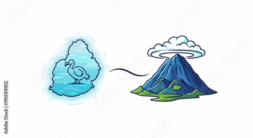 Island shape with bird connects to volcano with cloud
