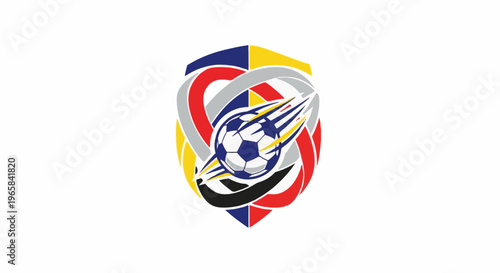Dynamic emblem with a soccer ball in flight against a colorful shield